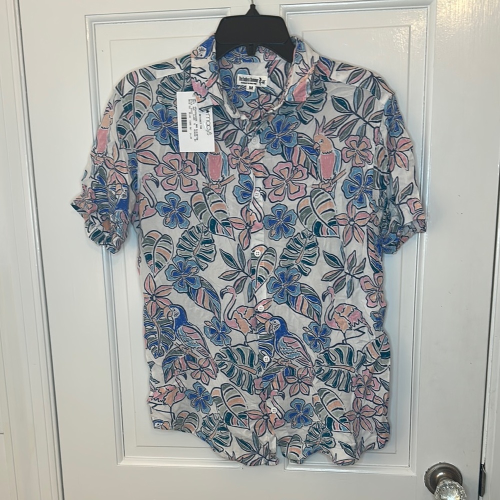 The‎ Endless Summer Blue/Pink Floral Flamingo Parrot Shirt size M NWOT